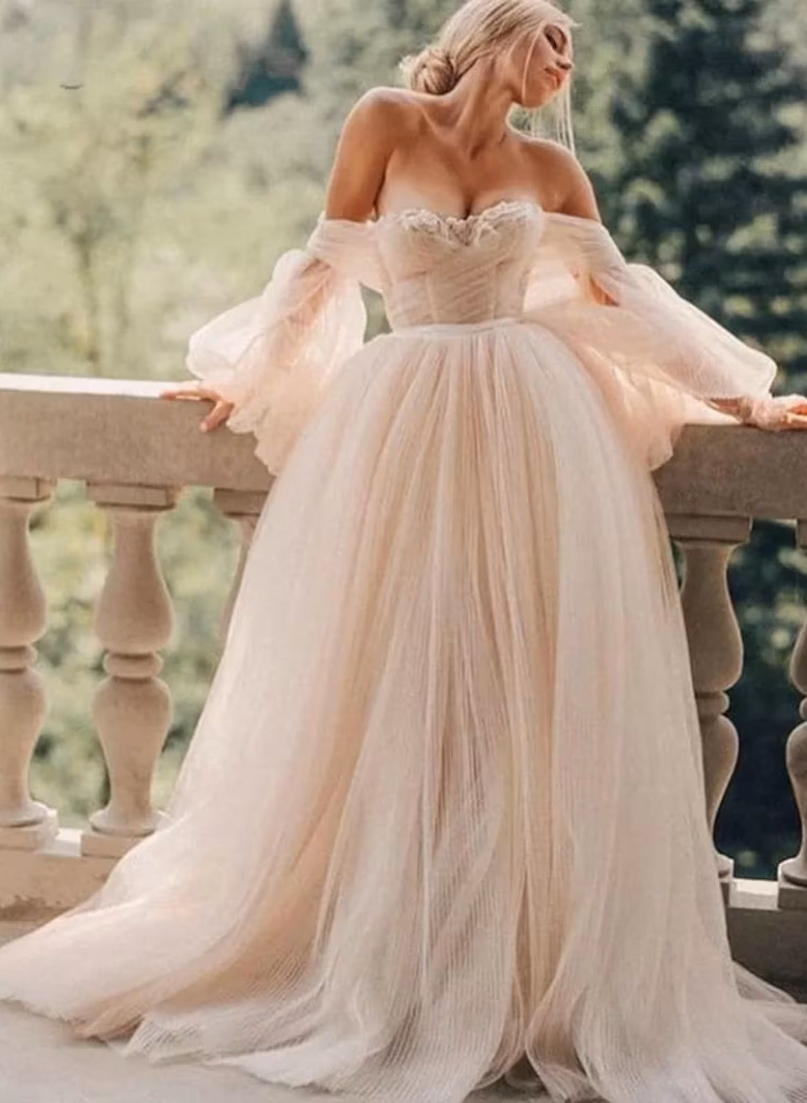 Pink Romantic Long Sleeves Off-The-Shoulder Wedding Dresses Lace-Showprettydress