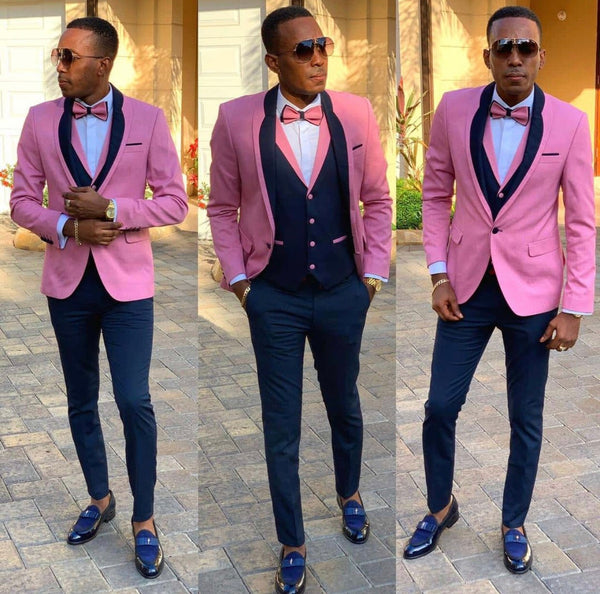 Pink Shawl Lapel Three Pieces Slim Fit Men Suits-showprettydress