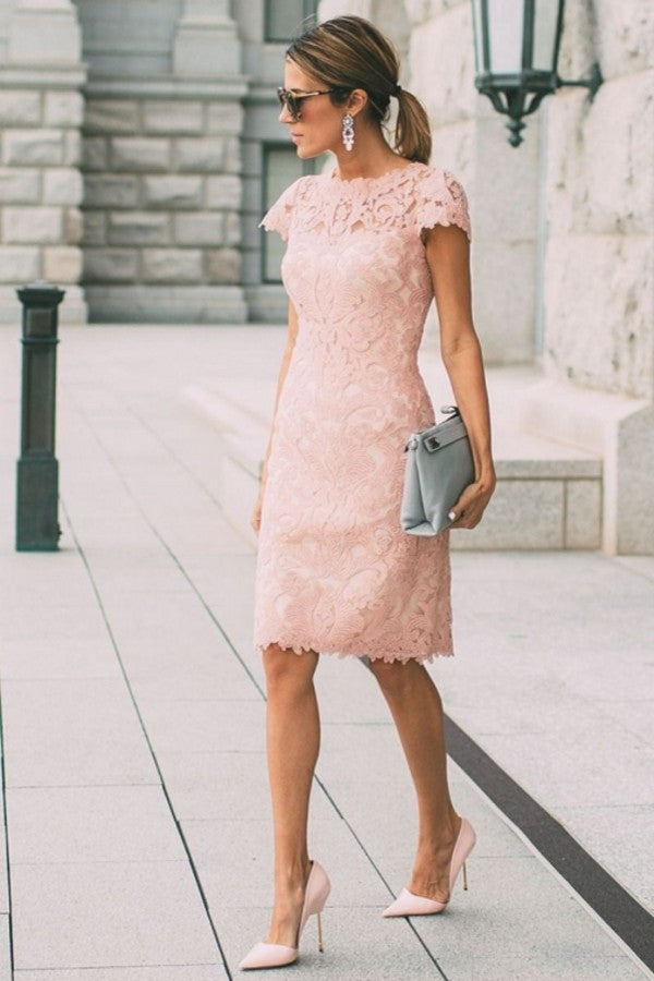 Pink Short Sleeves Column Lace Knee Length Short Homecoming Dress-showprettydress