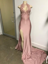 Pink Sleeveless Front Slit Appliques Long Mermaid Prom Dresses-showprettydress
