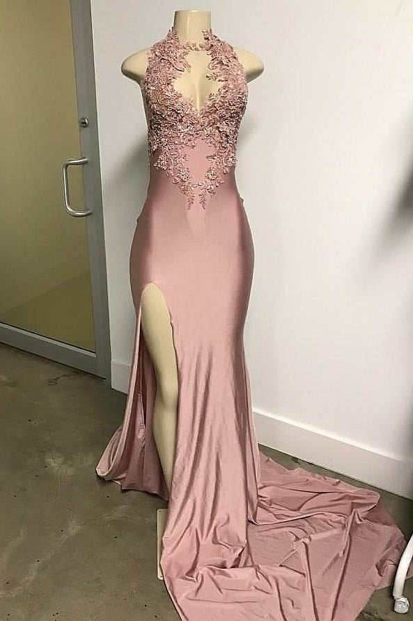 Pink Sleeveless Front Slit Appliques Long Mermaid Prom Dresses-showprettydress