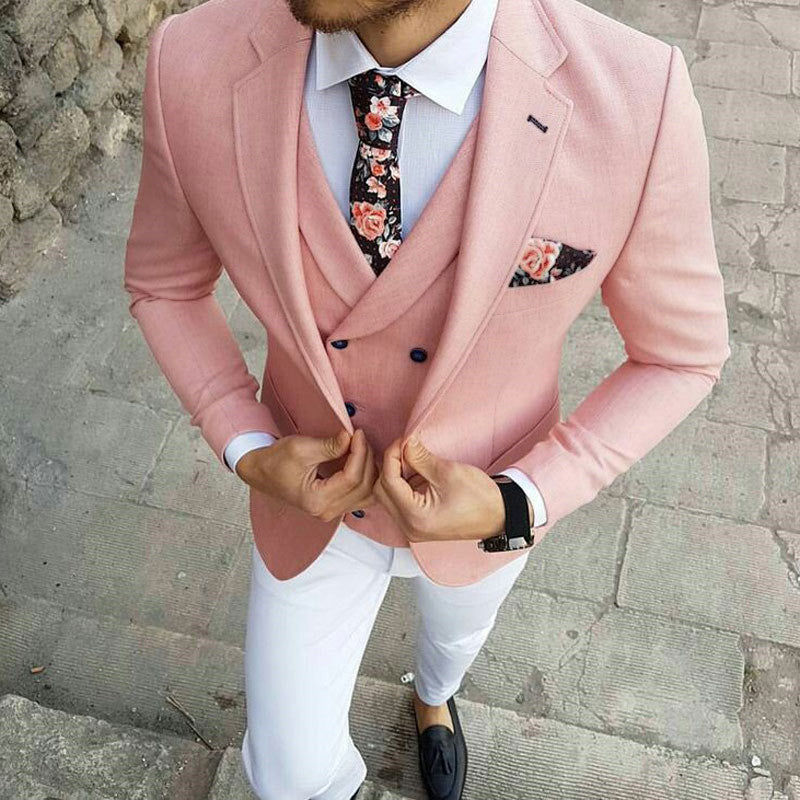 Pink Three-Pieces Slim Fit Notched Lapel Men's Prom Suits-showprettydress