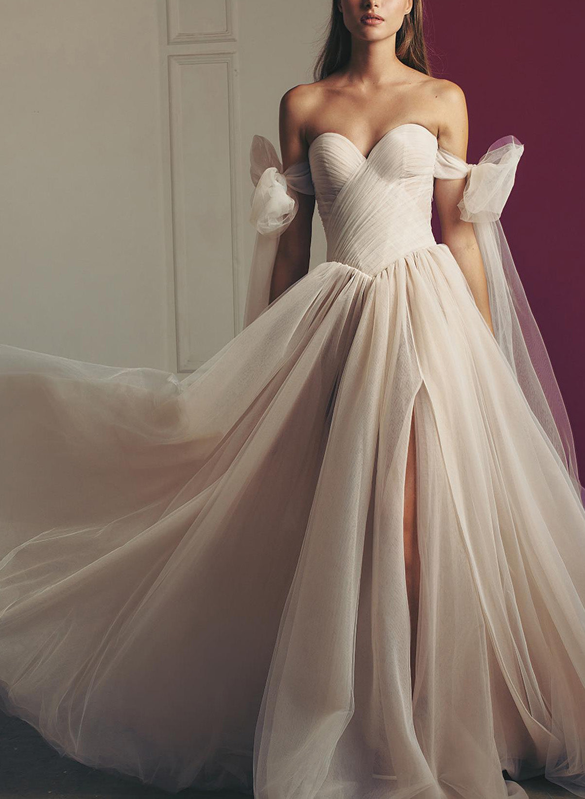 Pleated Tulle Off-The-Shoulder Chic A-line Wedding Dresses Split Front for the Summer Beach-Showprettydress