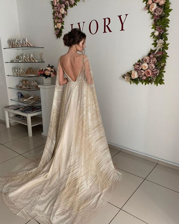 Pluging V neck Champange See through Wedding Dress-showprettydress