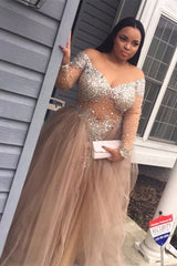 Plus-Size Gorgeous Long-Sleeve Tulle Split Crystal Prom Party Gowns-showprettydress