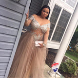 Plus-Size Gorgeous Long-Sleeve Tulle Split Crystal Prom Party Gowns-showprettydress