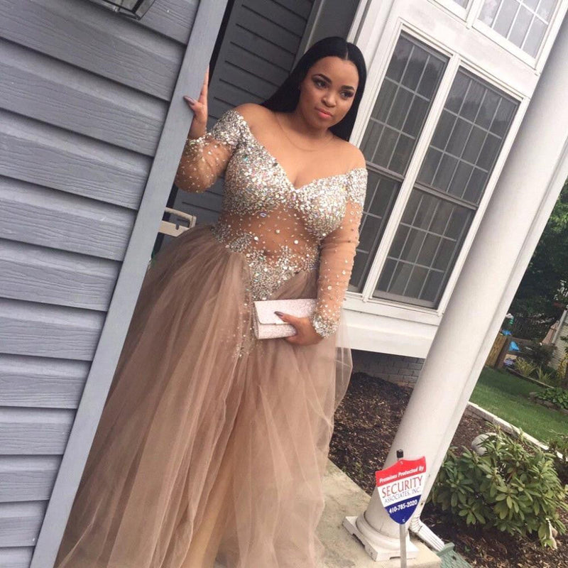 Plus-Size Gorgeous Long-Sleeve Tulle Split Crystal Prom Party Gowns-showprettydress
