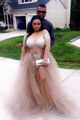 Plus-Size Gorgeous Long-Sleeve Tulle Split Crystal Prom Party Gowns-showprettydress