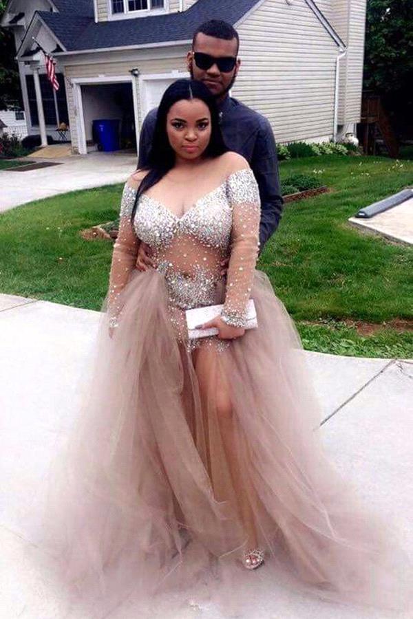 Plus-Size Gorgeous Long-Sleeve Tulle Split Crystal Prom Party Gowns-showprettydress