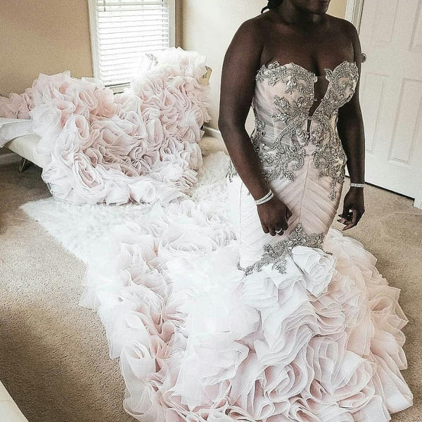 Plus Size Mermaid Crystal Lace Beads Sweetheart Long Train African Custom Made Ruffless Wedding Dresses-showprettydress