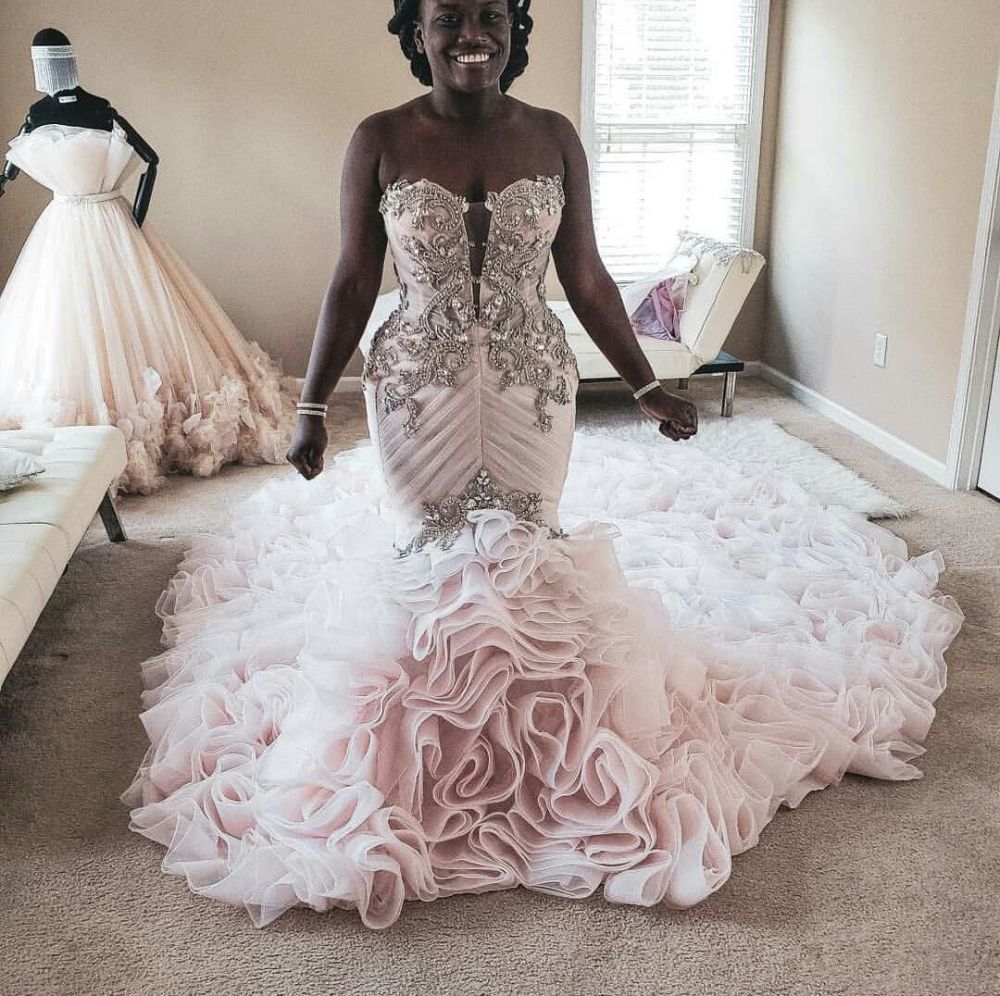 Plus Size Mermaid Crystal Lace Beads Sweetheart Long Train African Custom Made Ruffless Wedding Dresses-showprettydress