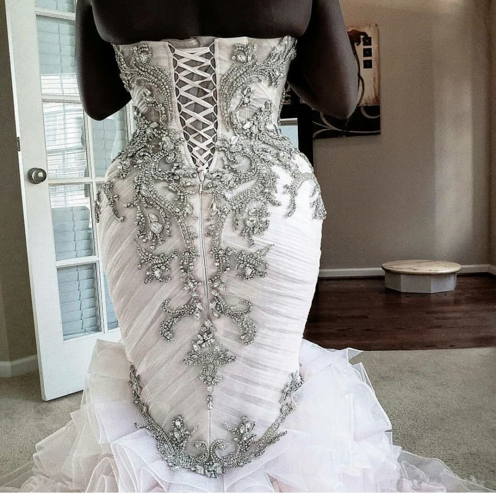 Plus Size Mermaid Crystal Lace Beads Sweetheart Long Train African Custom Made Ruffless Wedding Dresses-showprettydress