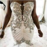 Plus Size Mermaid Crystal Lace Beads Sweetheart Long Train African Custom Made Ruffless Wedding Dresses-showprettydress