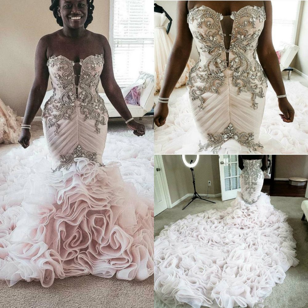 Plus Size Mermaid Crystal Lace Beads Sweetheart Long Train African Custom Made Ruffless Wedding Dresses-showprettydress
