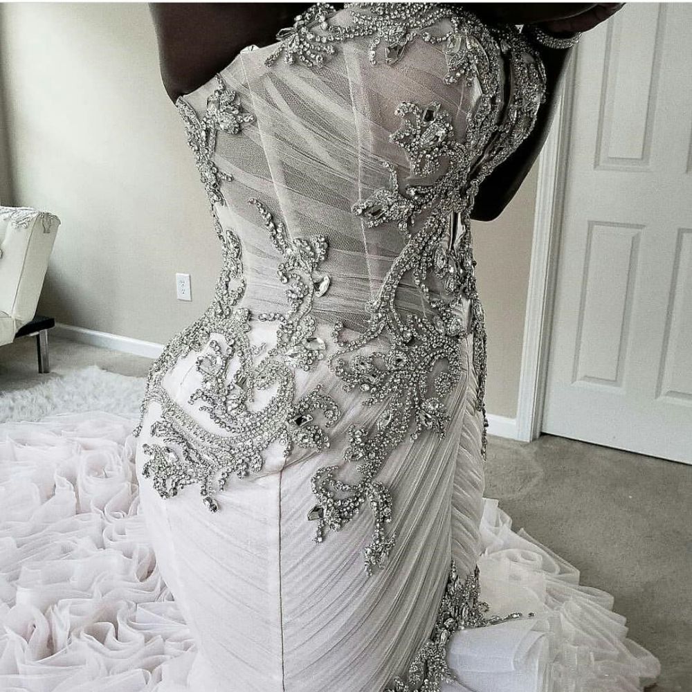 Plus Size Mermaid Crystal Lace Beads Sweetheart Long Train African Custom Made Ruffless Wedding Dresses-showprettydress