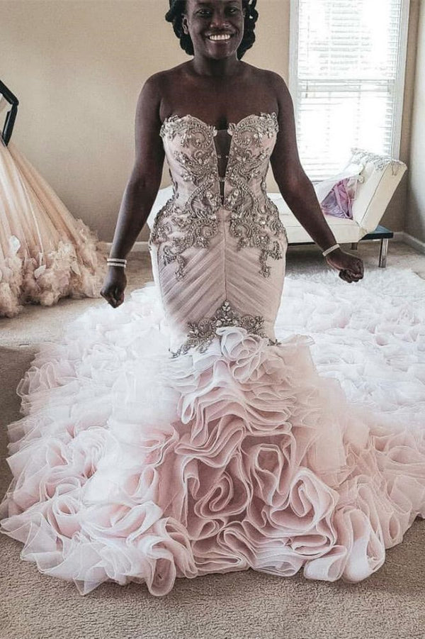 Plus Size Mermaid Crystal Lace Beads Sweetheart Long Train African Custom Made Ruffless Wedding Dresses-showprettydress
