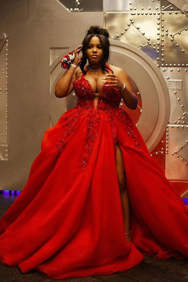 Plus Size Red Halter A-Line Tulle Side Slit Prom Dress with Beads-showprettydress