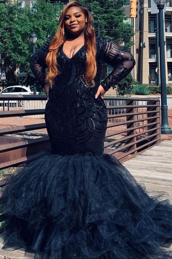 Plus Size V-neck Mermaid Evening Gowns Charming V-neck Feather Prom Gowns-showprettydress