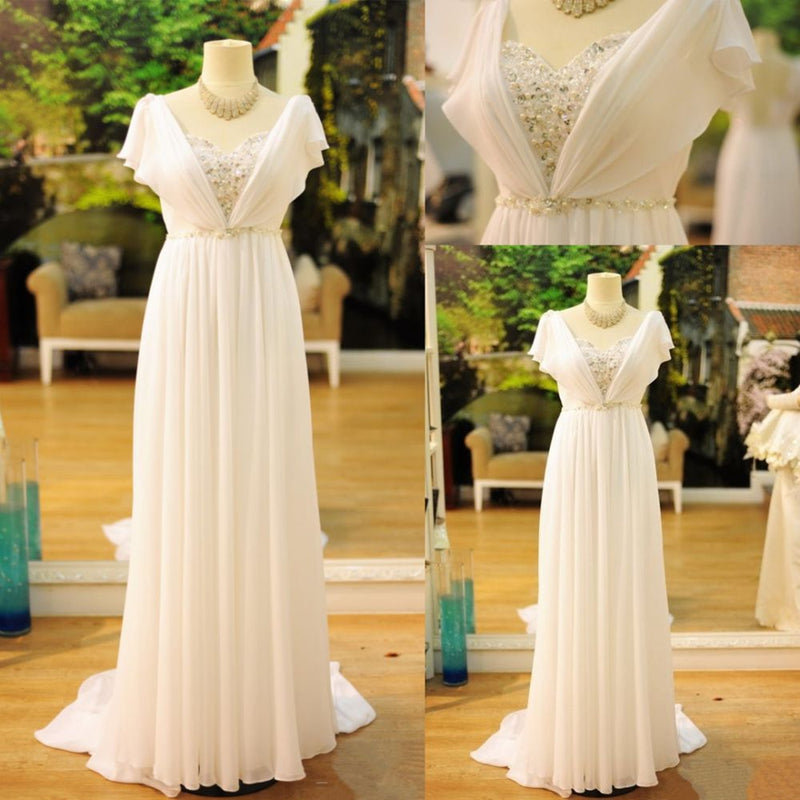 Popular Vintage Wedding Dresses Bohemia Short Sleeves Beads Peals Chiffon Bridal Dress-showprettydress