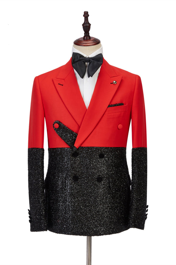 Pricey Peak Lapel Bright Red Stitching Sparkle Black Fashion Men Suit-showprettydress