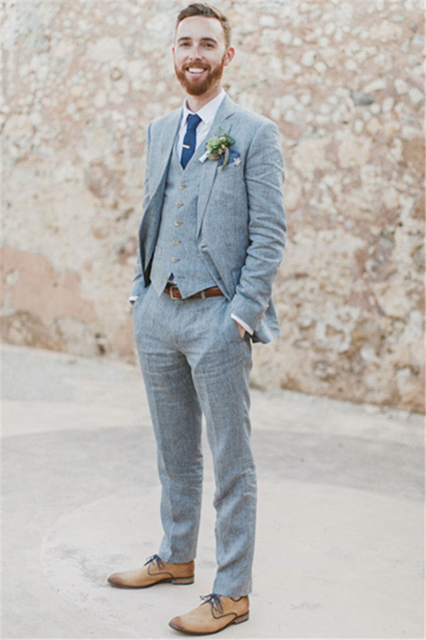 Pricey Summer Blue Linen Beach Wedding Suits Bespoke Men Casual Male Beach Groom Tuxedo-showprettydress