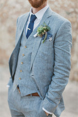 Pricey Summer Blue Linen Beach Wedding Suits Bespoke Men Casual Male Beach Groom Tuxedo-showprettydress