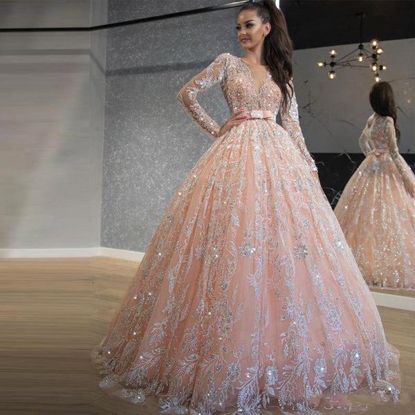 Princess Pink Long Sleevess A line High waist Lace Belt Wedding Dress-showprettydress