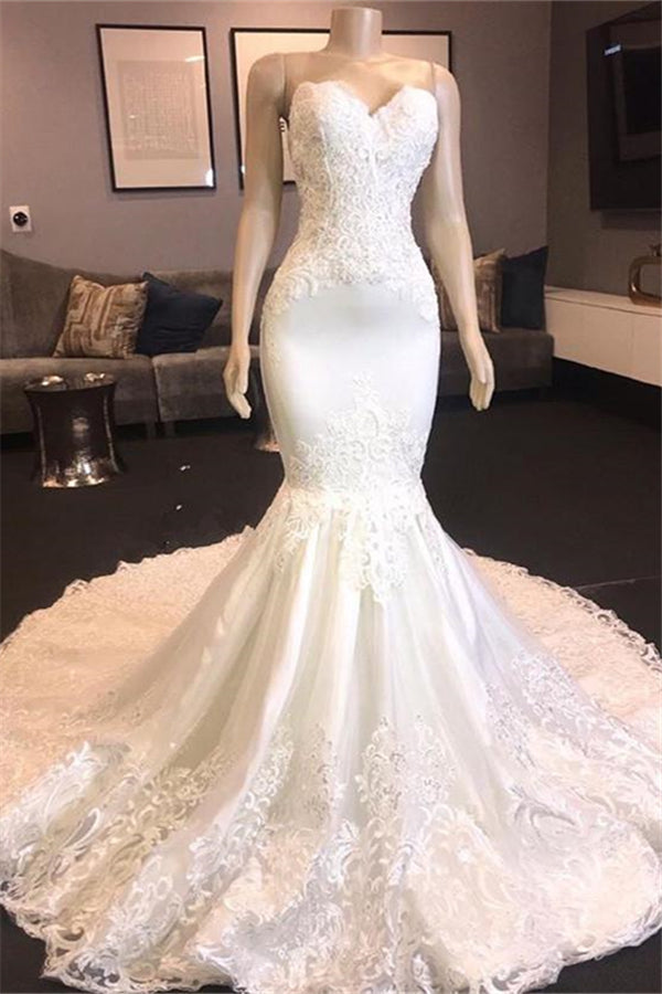Princess White Sweetheart Mermaid Court Train Wedding Dresses-showprettydress