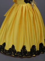 Princess Yellow Lace Applique Bow Decor Kids Pageant flower girl dresses-showprettydress