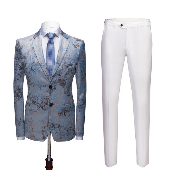 Printing Men Marriage Suits Blue Wedding Tuxedos with White Pants-showprettydress