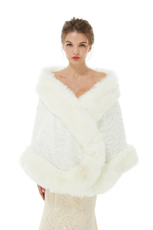 Pure White Warm Faux Fur Shawl For Bride For Winter-showprettydress