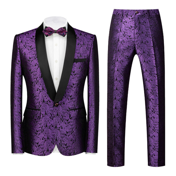 Purple Jacquard Slim Fit Black Lapel Wedding Suits for Men-showprettydress