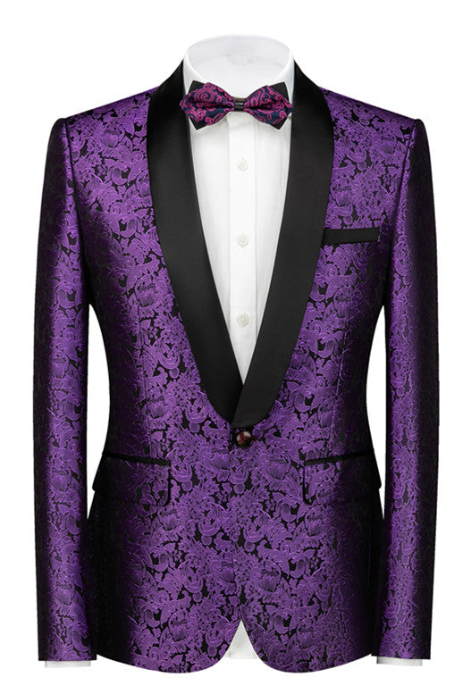 Purple Jacquard Slim Fit Black Lapel Wedding Suits for Men-showprettydress