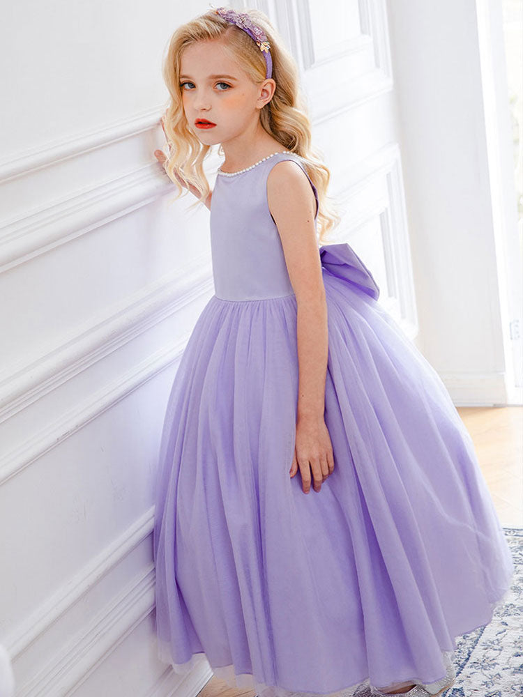 Purple Jewel Neck Sleeveless Polyester Tulle Beaded Kids Social Party Dresses-showprettydress