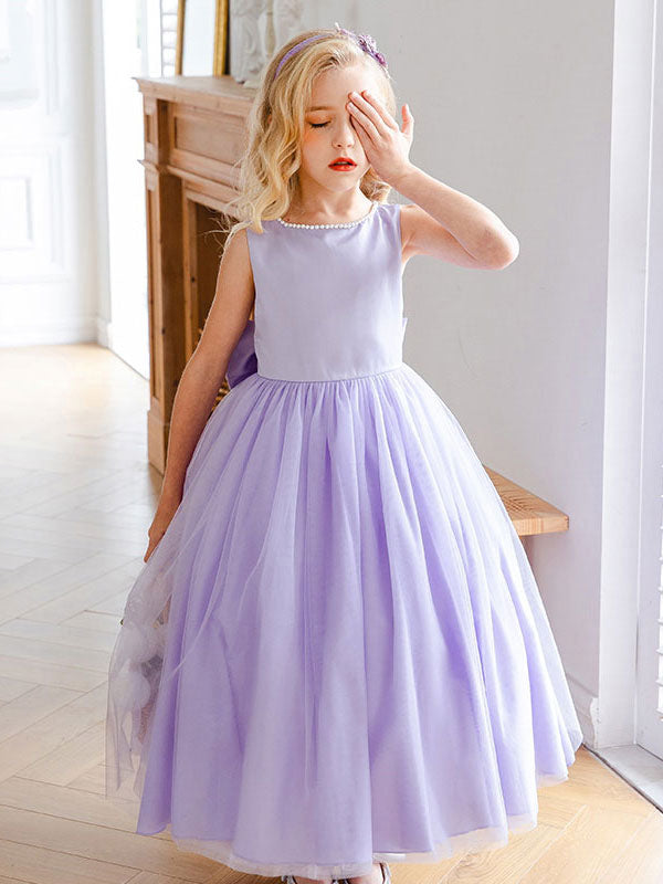 Purple Jewel Neck Sleeveless Polyester Tulle Beaded Kids Social Party Dresses-showprettydress