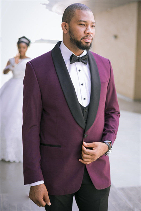 Purple Three-piece Slim Fit Wedding Suits with Black Lapel-showprettydress