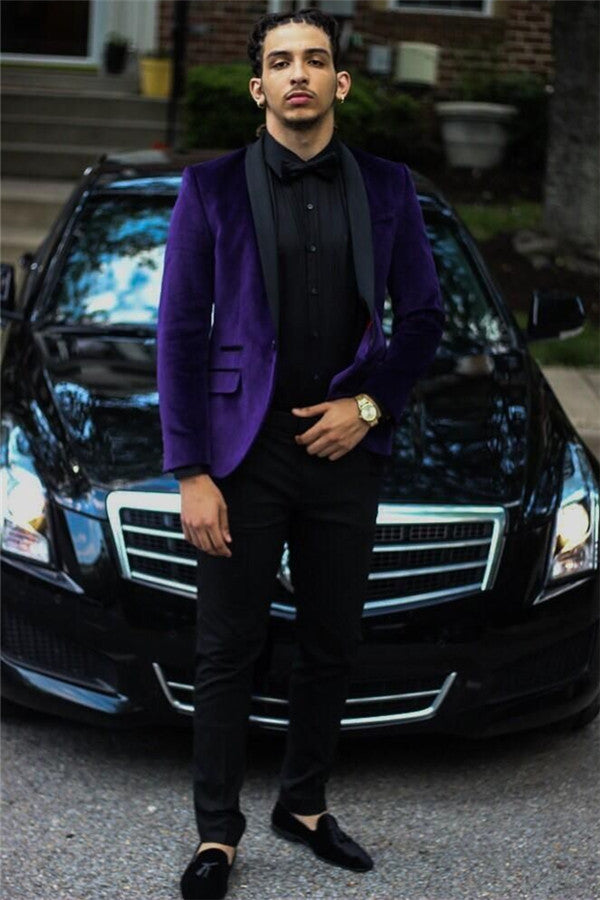 Purple Velvet Prom Party Suits Two Piece Men Suit with Black Lapel-showprettydress