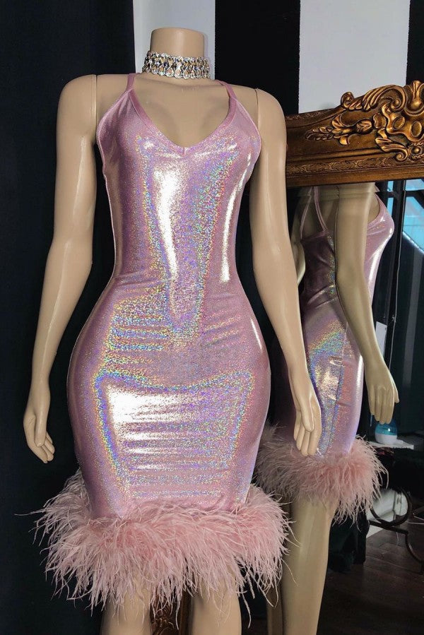 Radiant Mermaid V-neck Sleeveless Homecoming Dresses with Furs-showprettydress