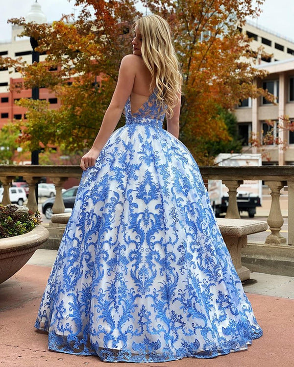 Ramona White Halter Illusion neck Puffy Blue Lace Prom Party Gowns-showprettydress