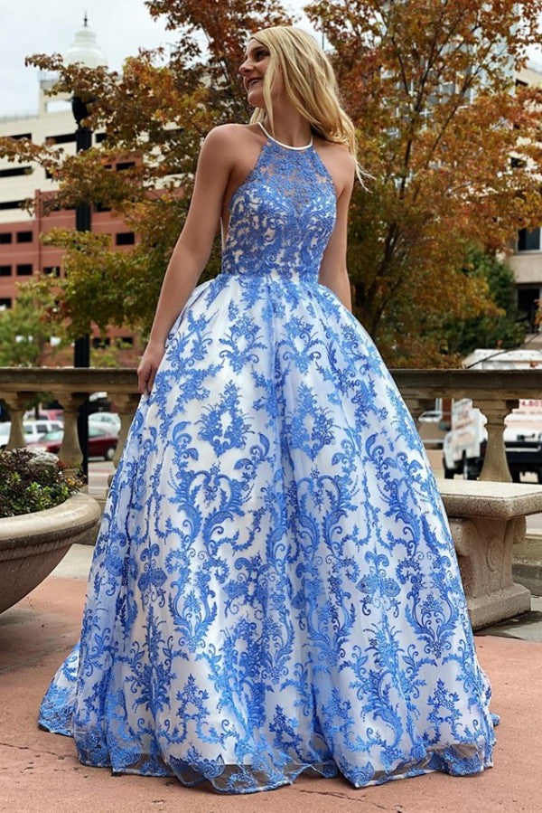 Ramona White Halter Illusion neck Puffy Blue Lace Prom Party Gowns-showprettydress
