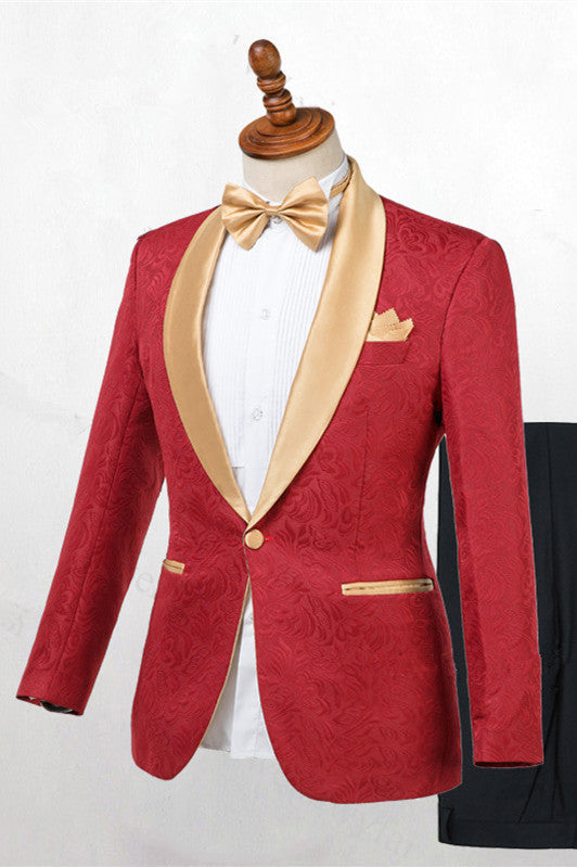 Red Jacquard One Button Wedding Men Suits with Gold Lapel-showprettydress