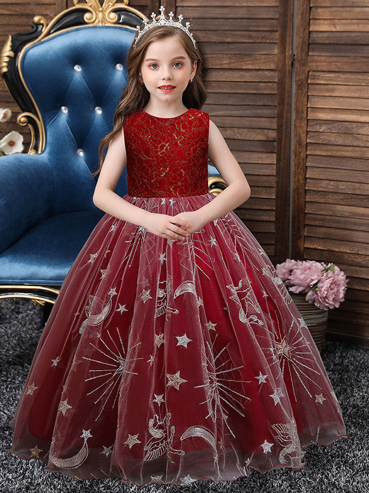 Red Jewel Neck Sleeveless Ankle-Length A-Line Embroidered Polyester Kids Party Dresses-showprettydress