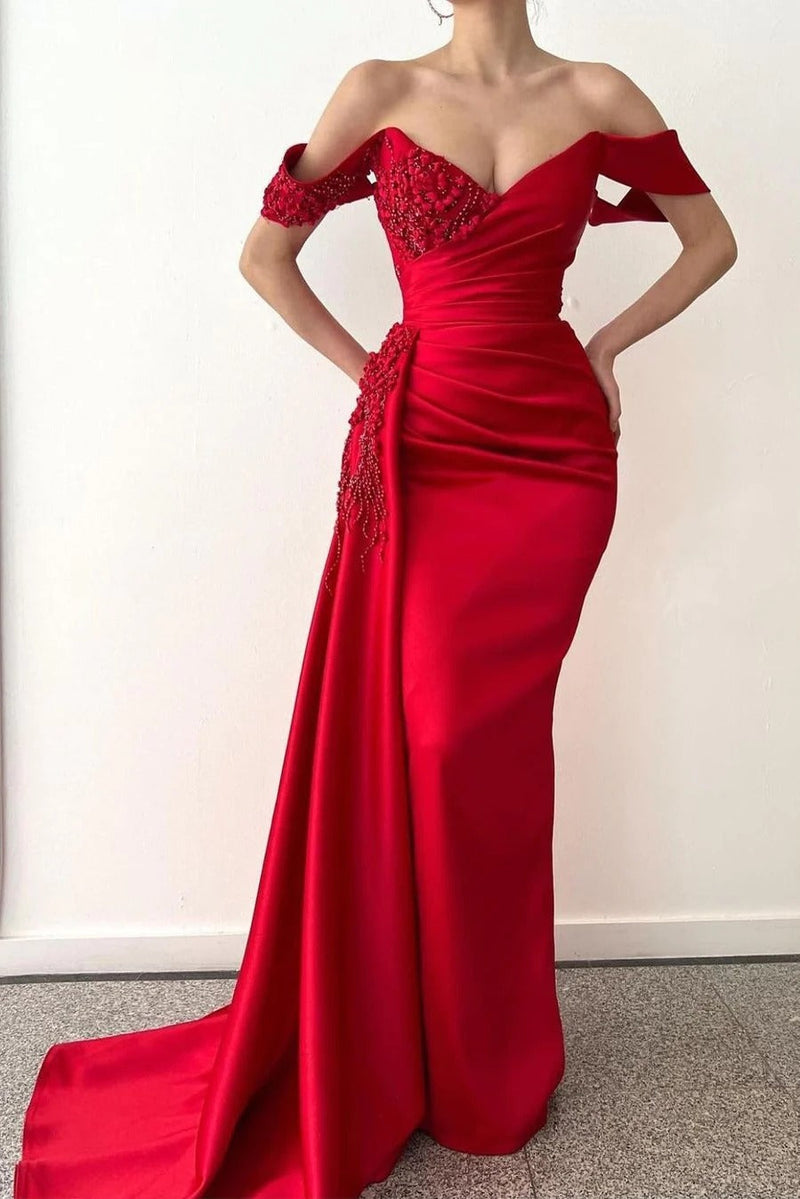 Red Long Mermaid Off the Shoulder Satin Beaded Prom Dress With Half Train-showprettydress