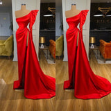 Red Long Mermaid One Shoulder Front Slit Evening Dress with Bubble Sleeves-showprettydress