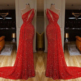 Red Long Mermaid One Shoulder Sequins Prom Dresses-showprettydress
