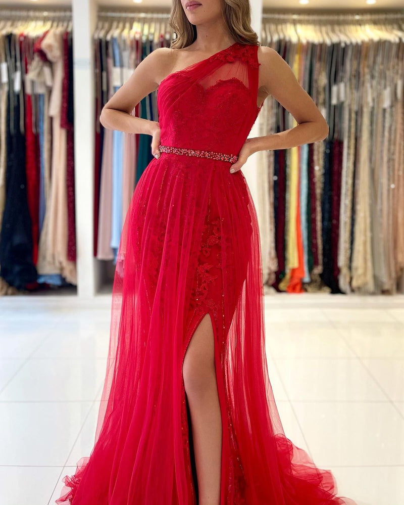 Red Long Mermaid One Shoulder Tulle Prom Dress Evening Gown With Slit-showprettydress