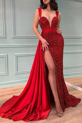 Red Long Mermaid Sequins Beadings Front Slit Prom Dress With Ruffles-showprettydress