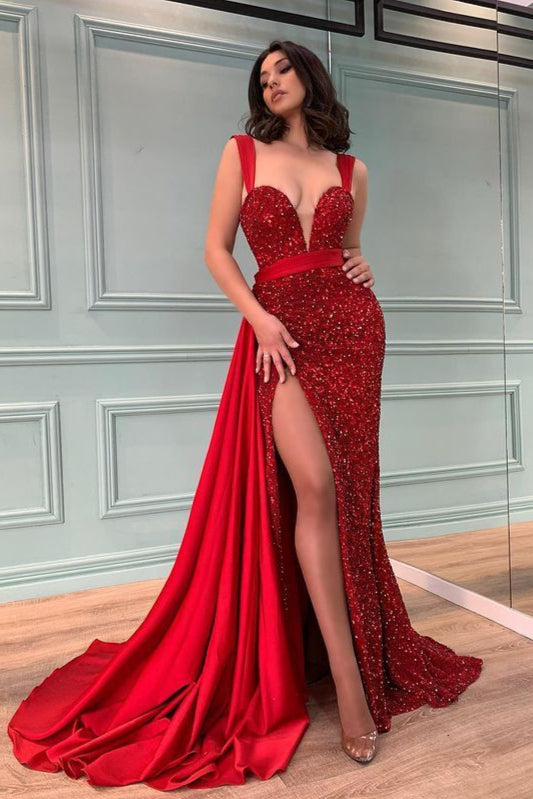 Red Long Mermaid Sequins Beadings Front Slit Prom Dress With Ruffles-showprettydress
