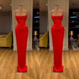 Red Long Mermaid Spaghetti Straps Front-ruffle Satin Prom Dress-showprettydress