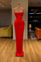 Red Long Mermaid Spaghetti Straps Front-ruffle Satin Prom Dress-showprettydress
